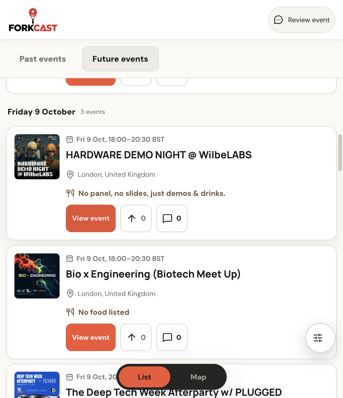 The Forkcast event listing seen by the Marketing Bot